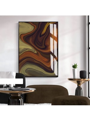 soyut Kahverengi-Yeşil Desenli Model 2|çerçeveli Temperli Cam Tablo Tekli Dikey