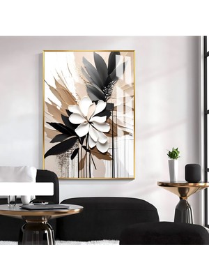 siyah-Bej-Beyaz Çiçek Modeli |çerçeveli Temperli Cam Tablo Tekli Dikey