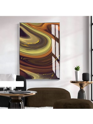 soyut Kahverengi-Yeşil Desenli Model 1|çerçeveli Temperli Cam Tablo Tekli Dikey