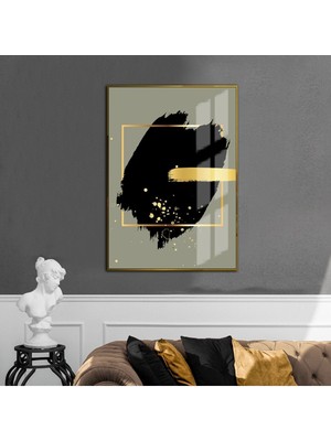 siyah-Gold-Gri Soyut Desenli Model 03 |çerçeveli Temperli Cam Tablo Tekli Dikey