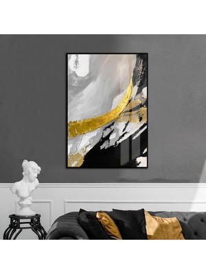 siyah-Gri-Gold Soyut Modeli 03 |çerçeveli Temperli Cam Tablo Tekli Dikey
