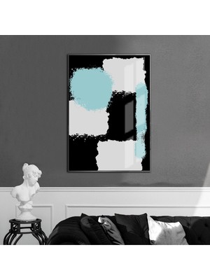 siyah-Mavi-Beyaz Soyut Desen  01 |çerçeveli Temperli Cam Tablo Tekli Dikey