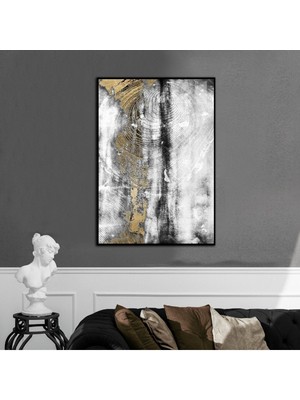 siyah-Beyaz-Gold Abstract Model 001 |çerçeveli Temperli Cam Tablo Tekli Dikey
