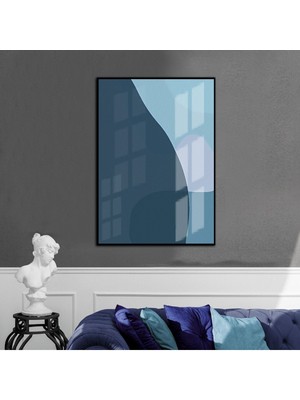 mavi Tonlar Soyut Model 01  |çerçeveli Temperli Cam Tablo Tekli Dikey