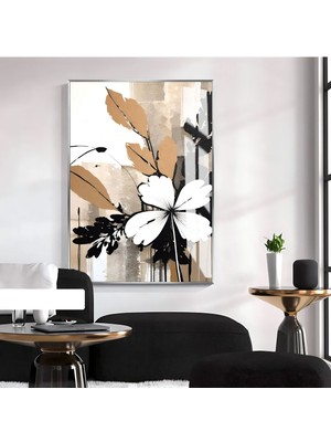 bej-Siyah-Beyaz Çiçek Desenli Model 1|çerçeveli Temperli Cam Tablo Tekli Dikey