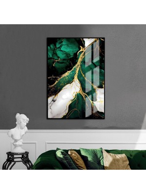 yeşil-Gold-Beyaz Soyut Desenli Model 1 |çerçeveli Temperli Cam Tablo Tekli Dikey