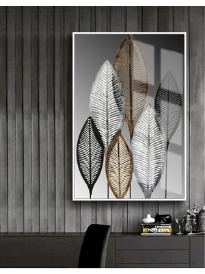 |kahverengi-Siyah-Gri Yaprak |çerçeveli Temperli Cam Tablo Posteri Tekli Dikey