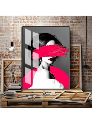 şık Kadın Figürü Pembe Renk |çerçeveli Temperli Cam Tablo Tekli Dikey