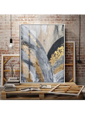 gri-Gold Yağlı Boya Efektli Soyut Tablo 3 |çerçeveli Temperli Cam Tablo Tekli Dikey