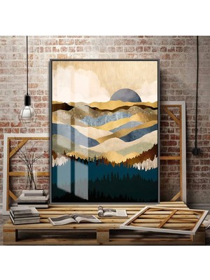 altın Sarısı Kuş Seti Soyut Sağ |çerçeveli Temperli Cam Tablo Tekli Dikey