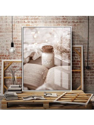 beyaz Mum Tablosu ve Püskül |çerçeveli Temperli Cam Tablo Tekli Dikey