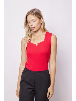 Kadın Likralı Esnek Triko Kare Yaka Kaşkorse Body Bluz-Kırmızı