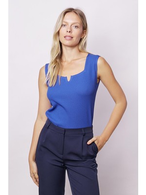 Kadın Likralı Esnek Triko Kare Yaka Kaşkorse Body Bluz-Saks