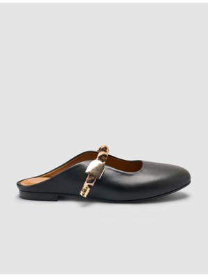 Cabani %100 Hakiki Deri Siyah Kadın Leopar Detay Terlik