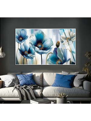 gold-Lacivert Çiçekler Modeli  x ı |çerçeveli Temperli Cam Tablo Tekli Yatay