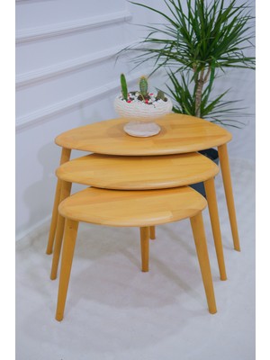 Masif Doğal Ahşap Zigon Sehpa 3'lü Set, Modern Masif Yan Sehpa