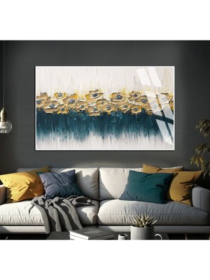 turkuaz-Sarı Çiçekler Modeli  x ı |çerçeveli Temperli Cam Tablo Tekli Yatay