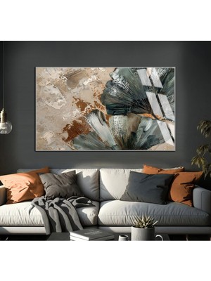 krem-Yeşil Soyut Çiçek Modeli |çerçeveli Temperli Cam Tablo Tekli Yatay