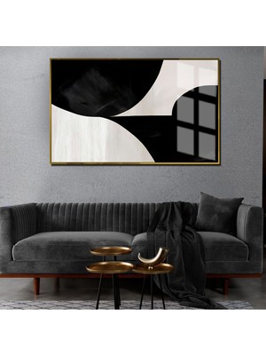 soft Siyah-Beyaz Soyut Şekil 01 |çerçeveli Temperli Cam Tablo Tekli Yatay