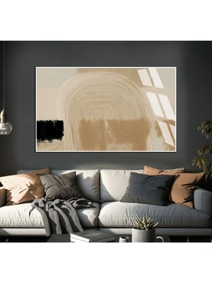 bej-Siyah Soyut Desenli Model Iı |çerçeveli Temperli Cam Tablo Tekli Yatay