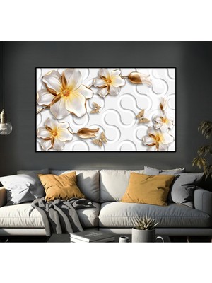 beyaz-Sarı Çiçekli Model 1 |çerçeveli Temperli Cam Tablo Tekli Yatay