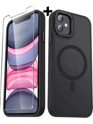M.tk moveteck Apple iPhone 11 Kılıf Mat Magsafe Şarj Özellikli Hassas Butonlu Yumuşak Renkli Kenarlı Kapak + Ekran Koruyucu Cam Set 2in1