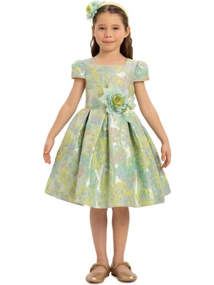 Pamina Kız Çocuk Çiçekli Saç Aksesuarı Elbise 3-7 Yaş Yeşil