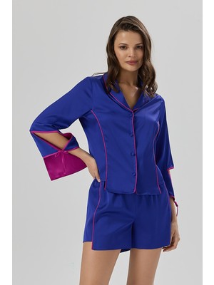 Addria Saks Mavisi Şortlu Saten Pijama Takımı