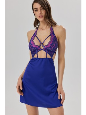 Addria Saks Mavisi Askılı Kısa Dantelli Saten Gecelik