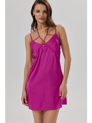 Addria Fuşya Askılı Kısa Saten Gecelik