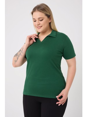 Curve Büyük Beden Kadın Pamuklu Likralı V Yaka Basic Düz Kısa Kol Yeşil Bluz