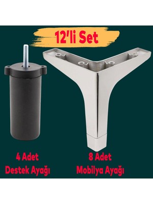 Mobilya Kanepe Sehpa Tv Ünitesi Koltuk Destek Ayağı 12 cm Krom Baza Ayakları 12'li Set
