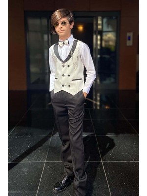 Riccotarz Erkek Çocuk Şal Yaka Düğme Detaylı Beyaz Cepken Yelek Gabardin Gömlek Takım Elbise