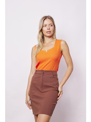 Kadın Likralı Esnek Triko Kare Yaka Kaşkorse Body Bluz-Oranj