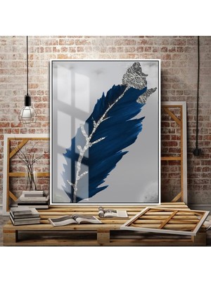 lacivert-Gümüş Sevilen Tüy Tablosu Tekli 1 |çerçeveli Temperli Cam Tablo Tekli Dikey