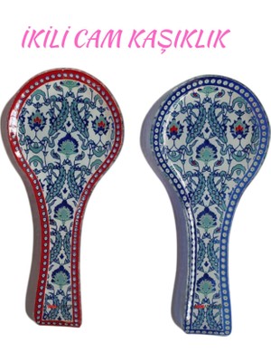 Cam Kaşıklık 2 Adet Birden Cam Kaşık Altlığı 2 Farklı Renk Kepçe Altlığı