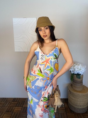 Kadın Ince Askılı Kalp Yıldız Karışık Desenli Yazlık Trend Midi Elbise