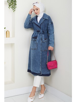 İlkimay.com Zeyal Kuşaklı Kot Trenç 1434 - Mavi