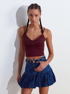 Dilvin 21017 Dantel Detaylı Top-Bordo