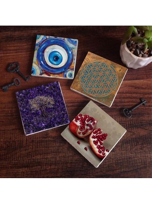 Nazar, Yaşam Çiçeği, Hayat Ağacı, Nar Taş Bardak Altlığı Seti - 4 Parça - Dekoratif, Rustik Mutfak Aksesuarı, 10 x 10  cm , Kaydırmaz Tabanlı, Şık ve Dayanıklı SC465