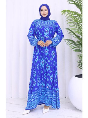 Sefa Merve Viskon Kumaş Desenli Kuşaklı Elbise 2031-05 Saks