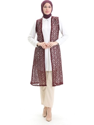 Sefa Merve Dantelli Uzun Yelek 8742-04 Bordo