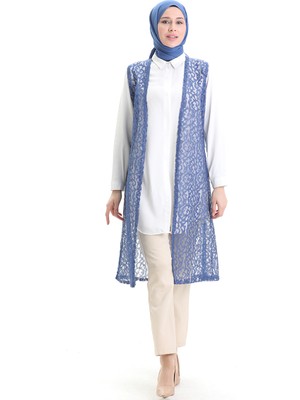Sefa Merve Dantelli Uzun Yelek 8742-03 Mavi