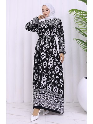 Sefa Merve Viskon Kumaş Desenli Kuşaklı Elbise 2031-04 Siyah