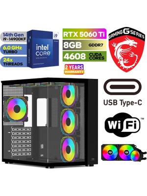 MSI Gaming Pc Ddr5 -Rtx 5060Tİ 8 GB – Intel I9 14900KF  – 32GB - 64GB Ddr5 Ram – 1 Tb M.2 SSD – Sıvı Sogutmalı – Windows 11 Pro Masaüstü Bilgisayar