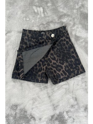 Leopar Baskılı %100 Pamuk Kız Çocuk Kot Şort Etek