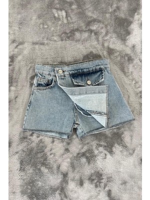 New Kids Cepli %100 Pamuk Kız Çocuk Kot Şort Etek Normal Bel Standart Kalıp Mavi Renk