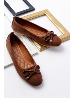 Potin Kahve Süet Fiyonklu ( 2 Cm) Oval Burunlu Günlük Kullanım Babet