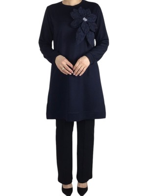 Ece Giyim Kadın Çiçek Detaylı Altı Bantlı Kristal Penye Tunik