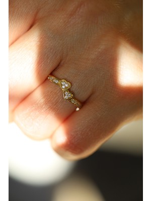 14 Ayar Altın Taşlı Ikiz Kalpler Yüzük